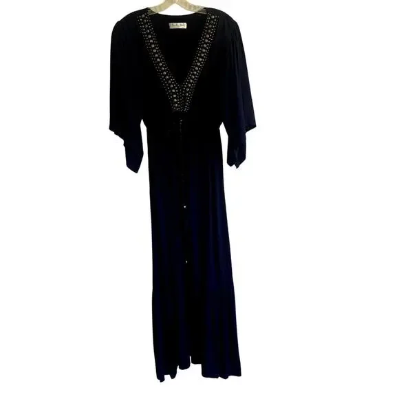 Back From Bali Blue V Neck with Embellishments Maxi Dress Short Sleeves Small - Picture 3 of 13